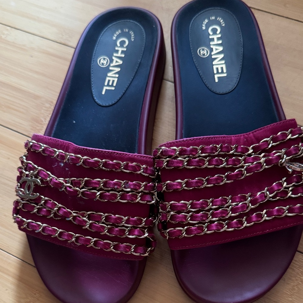 Chanel Dark Red Chain Slide Sandals